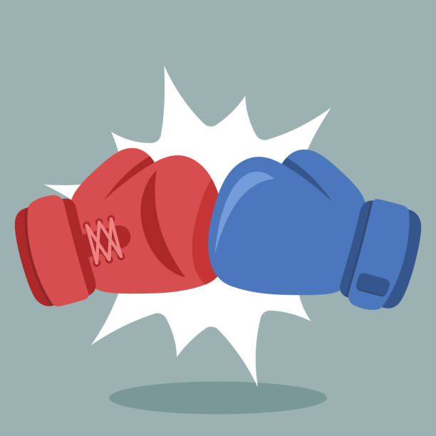 Pair of boxing gloves punch to each other. Red and blue boxing gloves in a boxing match. Simple vector illustration in flat design Pair of boxing gloves punch to each other. Red and blue boxing gloves in a boxing match. Simple vector illustration in flat design boxing glove stock illustrations