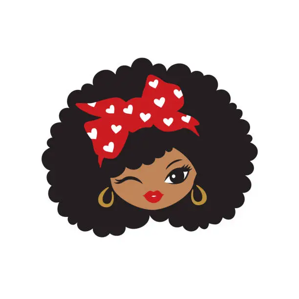 Vector illustration of Cute Afro Black Girl with Afro Hair and Red Bow Bandana