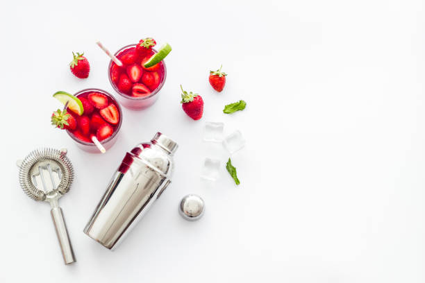 istock Fresh strawberry cocktail drink with ice, top view 1297557826
