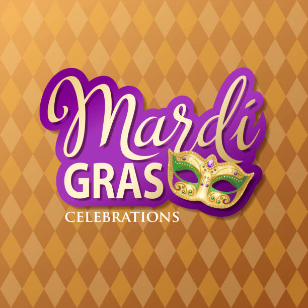 Mardi Gras Typography & Mask Celebrate Mardi Gras with gold colored lettering and theater mask on the diamond shaped background purple and gold masquerade masks stock illustrations