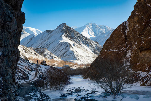 Frozen River in Winter in Hemis National Park, Ladakh, Jammu and Kashmir, India. This nationalpark is home of Snow Leopards and is located between 3,000 and 6,000 m altitude in the state of Jammu and Kashmir, Northern India.