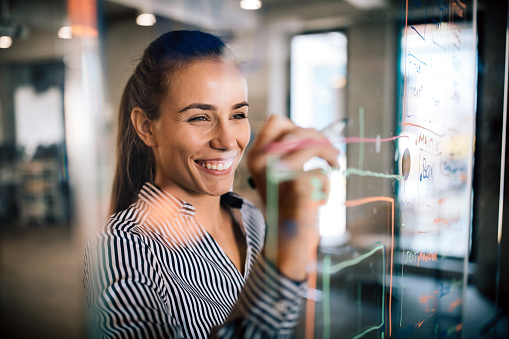 Happy woman working and writing on the glass board in office. Business, technology, research concept