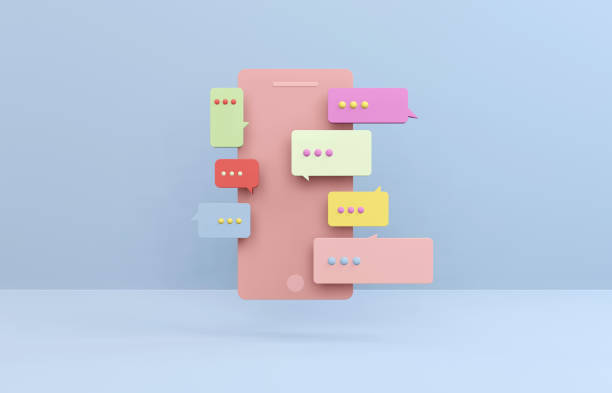 istock 3D mobile phone and speech bubbles. Concept phone and colorful speech bubbles on blue background. 1297562289
