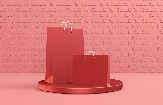 3D Render Red shopping bags on the Red Stand and Mega Sale message in the background. Shopping concept.