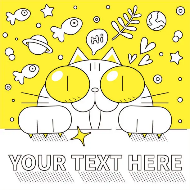 Vector illustration of Smiling cat with big eyes peeking behind a blank sign, with fantasy background