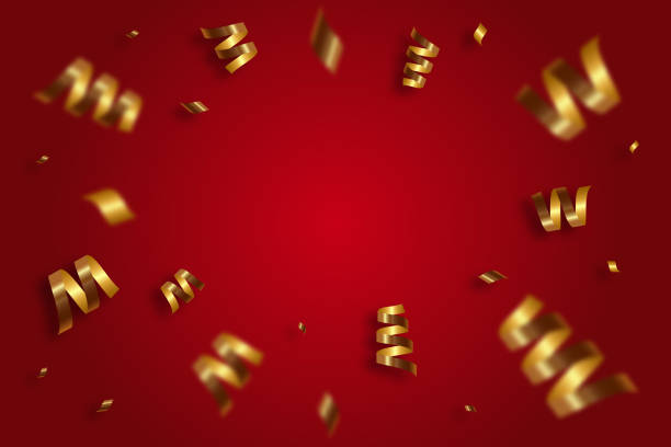 istock Falling shiny golden confetti, tape, serpentine on red background. Bright festive tinsel of gold color. 1297565352