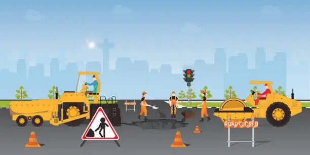 Vector illustration of Workers change the asphalt, repair the road surface.