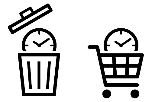 Time icon by clock, trash can and shopping cart