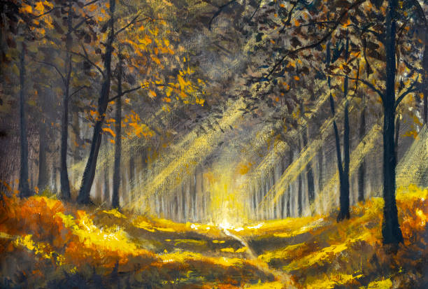 istock Sunlight road in Spring summer sunny forest park. Oil paintings landscape. Fine art. 1297567100