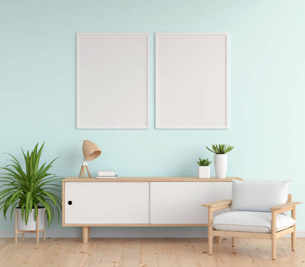 istock Sideboard in blue living room with frame mockup, 3D rendering 1297567130