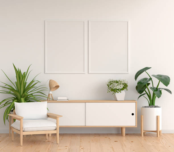 istock Sideboard in white living room with frame mockup, 3D rendering 1297567871