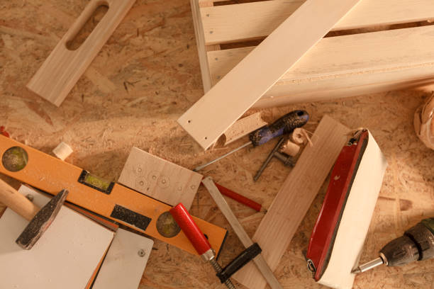 istock Flat lay of wood working tools on a work bench 1297568303