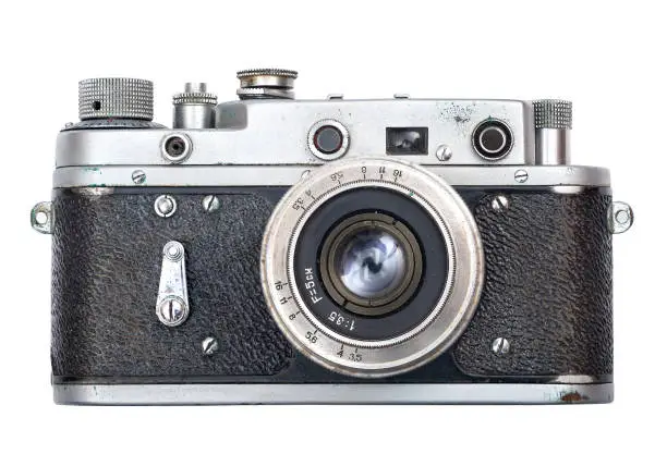 old film camera of the ussr isolated on white background.