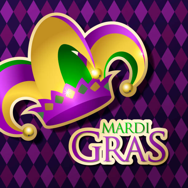 Mardi Gras Jester's Hat & Typography Celebrate Mardi Gras with jester's hat and typography on the purple color diamond shaped background new orleans mardi gras stock illustrations