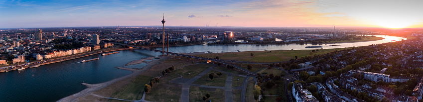 Düsseldorf panorama shot with a drone, with the sunset in the background