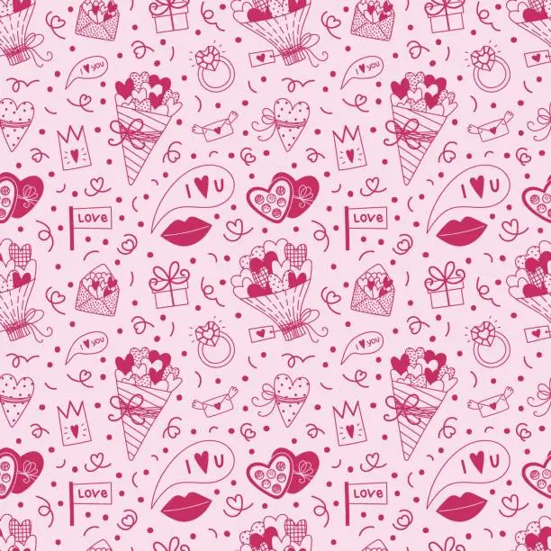 Vector illustration of Vector seamless romantic pattern with flowers, lips, candy box, diamond ring, hearts, confetti. Valentine's Day and date concept.