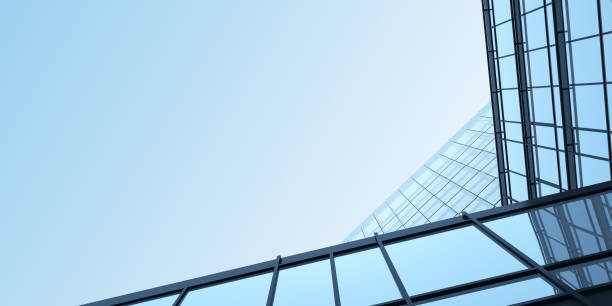 istock Low angle view of futuristic architecture, Skyscraper office building with cloud reflected on window, 3D rendering. 1297571837
