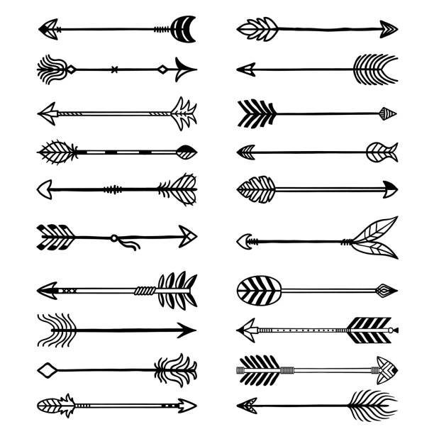 Boho arrows. Bows stylized weapons in ethno style arrows with feathers recent vector drawn set for logo design Boho arrows. Bows stylized weapons in ethno style arrows with feathers recent vector drawn set for logo design. Arrow bohemian, archery weapon, indian and medieval war tools illustration arrow bow and arrow illustrations stock illustrations