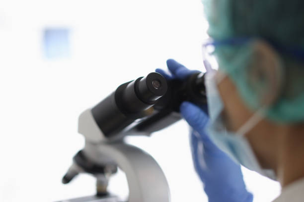 istock Doctor examines mutation of viruses and bacteria through microscope in laboratory. 1297574849