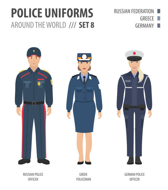 ilustrações, clipart, desenhos animados e ícones de uniformes da polícia ao redor do mundo. terno, roupas de policiais europeus ilustrações vetoriais definidas - russian culture women spy russia