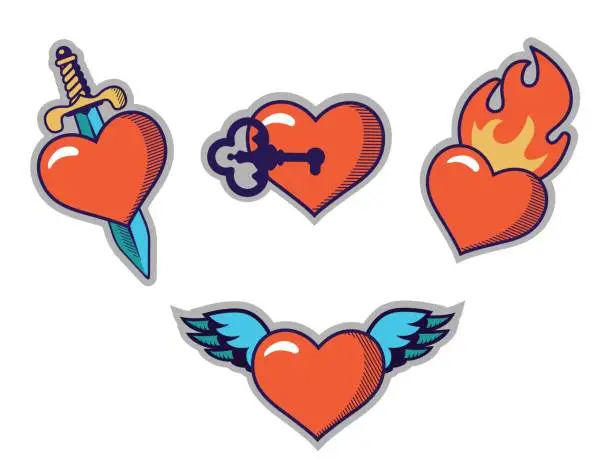 Vector illustration of set of various tattoo old style heart stickers