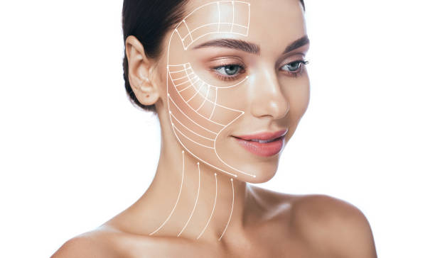 lifting lines, advertising of face contour correction, skin and neck lifting. facial rejuvenation concept, cosmetology - face mask imagens e fotografias de stock