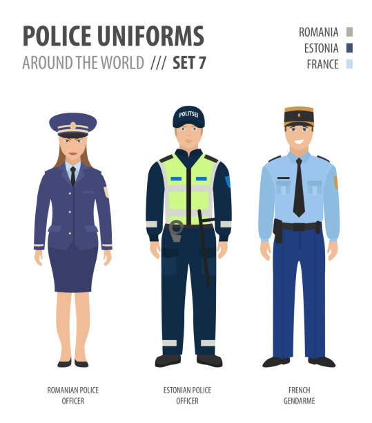 illustrations, cliparts, dessins animés et icônes de uniformes de police dans le monde entier. costume, vêtements d’illustrations vectorielles de policiers européens ensemble - police france