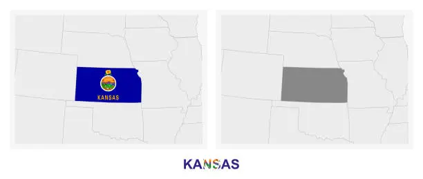 Vector illustration of Two versions of the map of US State Kansas, with the flag of Kansas and highlighted in dark grey.