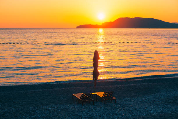 istock Lounge and umbrella on beach in the twilight 1297576669