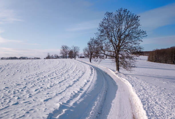 Winter rural road on a sunny frosty day. Czech Republic, Vysocina Highland region, Europe