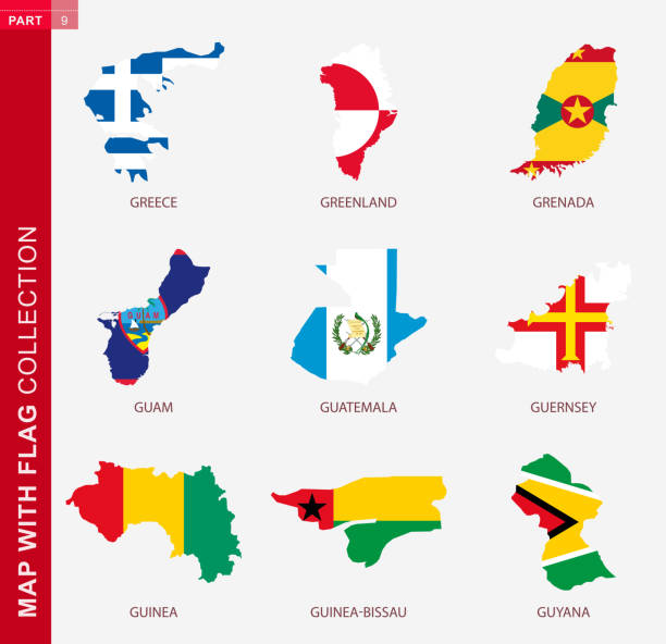 Map with flag collection, nine map contour with flag Map with flag collection, nine map contour with flag of Greece, Greenland, Grenada, Guam, Guatemala, Guernsey, Guinea, Guinea-Bissau, Guyana grenada caribbean map stock illustrations
