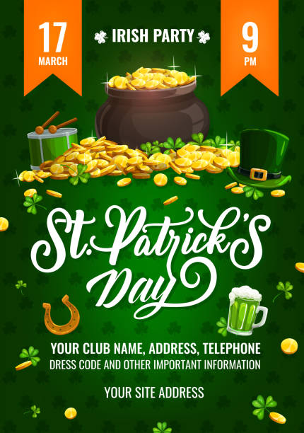 St. Patricks Day party vector flyer cartoon poster St. Patricks Day party vector flyer, cartoon poster with leprechaun pot stand on gold pile with top hat, Ireland ale, drum, shamroks and lettering on green background. Saint Patrick party invitation st. patricks day stock illustrations