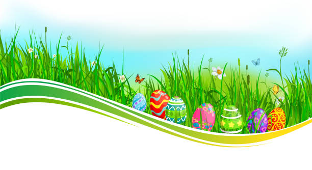 ostereier mit grünem gras und blütenwelle - daffodil easter egg hunt easter easter egg stock-grafiken, -clipart, -cartoons und -symbole