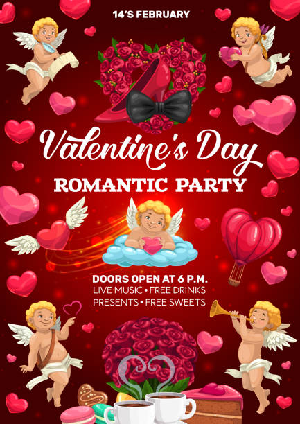 하트와 큐피드, 발렌타인 데이 파티 포스터 - romance red bow rose stock illustrations