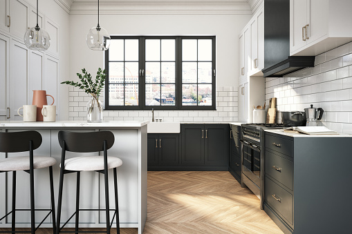 Interior design of elegant kitchen with black and white elements-  3d render