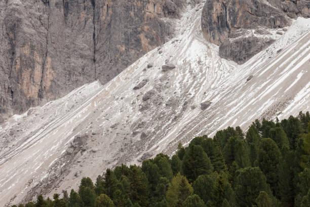 landslide in progress in a dolomites wall in Italy stock photo