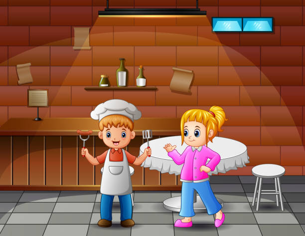 ilustrações de stock, clip art, desenhos animados e ícones de little chef and girl in the cafe illustration - 13520