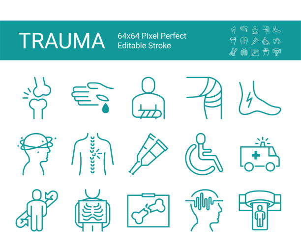 외상의 아이콘 세트. 편집 가능한 벡터 스트로크입니다. 64x64 픽셀 완벽한. - x ray human knee orthopedic equipment human bone stock illustrations