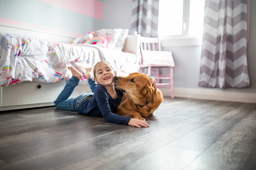 An adorable girl of Caucasian ethnicity is lying on the floor in her bedroom with her dog. Her dog is giving her kisses on her cheek!