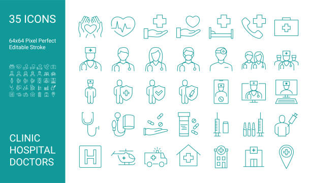 ilustraciones, imágenes clip art, dibujos animados e iconos de stock de conjunto de iconos de línea del médico. trazo vectorial editable. 64x64 píxel perfecto. - salud