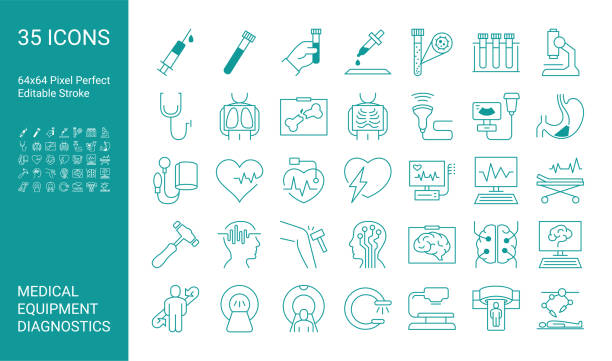 Set of icons of medical diagnostics and equipment. Stethoscope, Mri scanner, ultrasound, x-ray, endoscopy, tonometer. Editable vector stroke. 64x64 Pixel Perfect. Set of icons of medical diagnostics and equipment. Stethoscope, Mri scanner, ultrasound, x-ray, endoscopy, tonometer. Editable vector stroke. 64x64 Pixel Perfect. x ray equipment stock illustrations