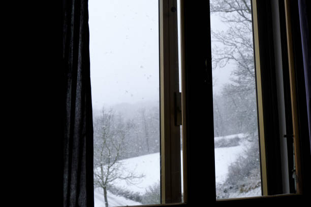 istock Window view with blue curtains across winter mountains, trees and gray sky. 1297592316