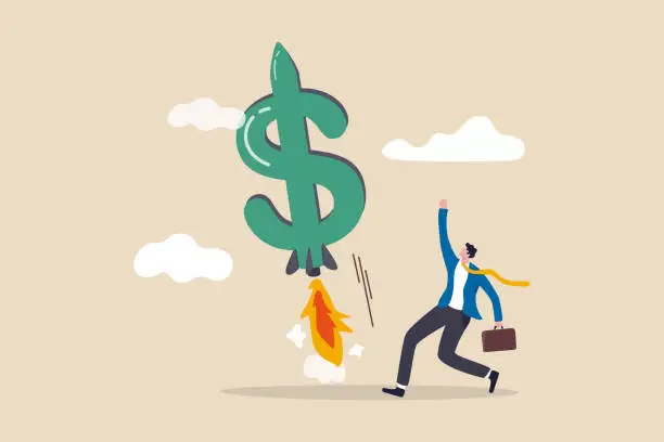 Vector illustration of Boost your income, growth increasing business revenue or profit, rising investment earning concept, happy businessman company owner or investor with dollar money sign launch rocket booster high in sky