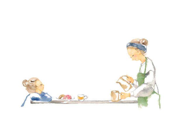 ilustraciones, imágenes clip art, dibujos animados e iconos de stock de madre e hija - dining table illustrations