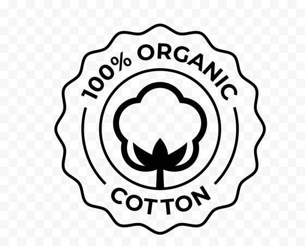 ilustrações de stock, clip art, desenhos animados e ícones de cotton 100 organic bio and eco certificate icon, vector package stamp. cotton flower logo for certified natural eco textile fabric and bio soft cosmetics - cotton smooth green plant