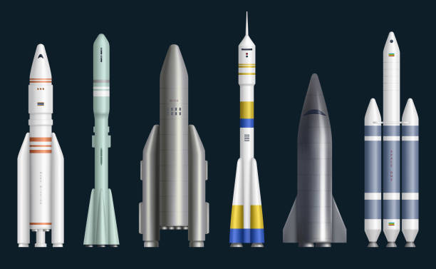 Rockets realistic. Cosmos spaceships for expedition rocket launch missles exploring universe decent vector pictures Rockets realistic. Cosmos spaceships for expedition rocket launch missles exploring universe decent vector pictures. Illustration power jet rocket, spaceship and spacecraft realistic space missile stock illustrations