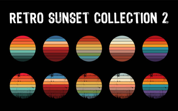 Vintage sunset collection in 70s 80s style. Regular and distressed retro sunset set. Five options with textured versions. Circular gradient background. T shirt design element. Vector illustration,flat 1970s style stock illustrations