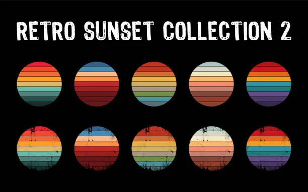 Vector illustration of Vintage sunset collection in 70s 80s style. Regular and distressed retro sunset set.