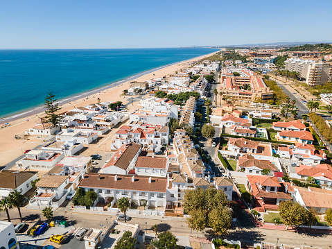 Aerial view of Islantilla, a seaside town full of resorts, Lepe, Huelva, Spain