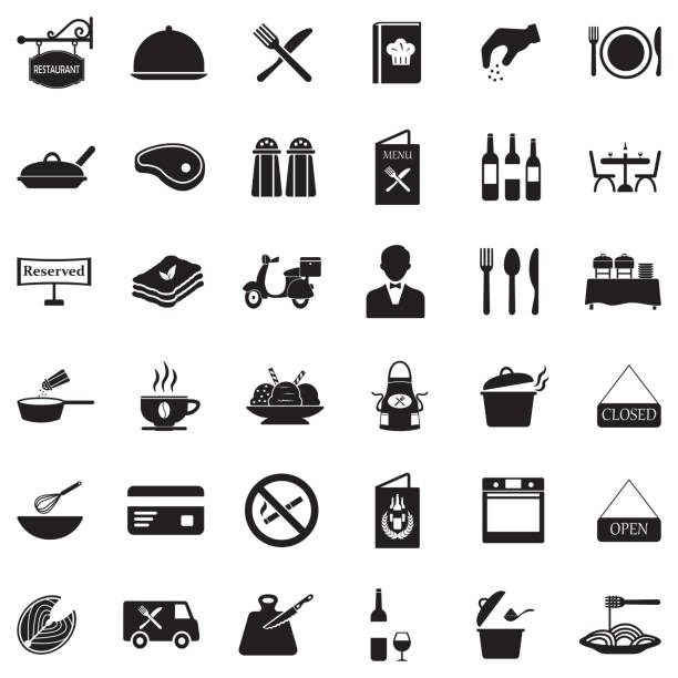 ilustraciones, imágenes clip art, dibujos animados e iconos de stock de iconos de restaurantes. diseño plano negro. ilustración vectorial. - waiter food restaurant delivering